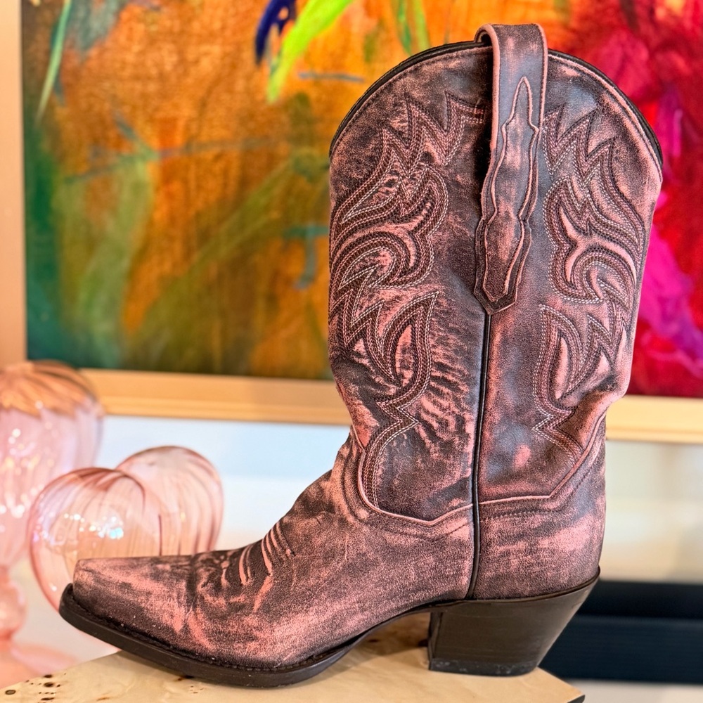 Dan Post Pink Distressed Leather Cowboy Boots Size 6.5 Western Snip Toe - Picture 6 of 12